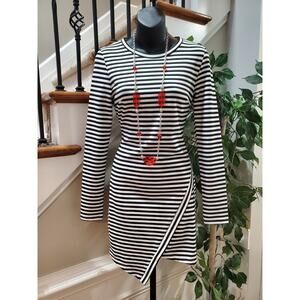 Tea & Cup Black White Striped Long Sleeve Back Zip Knee Length Dress Size Small